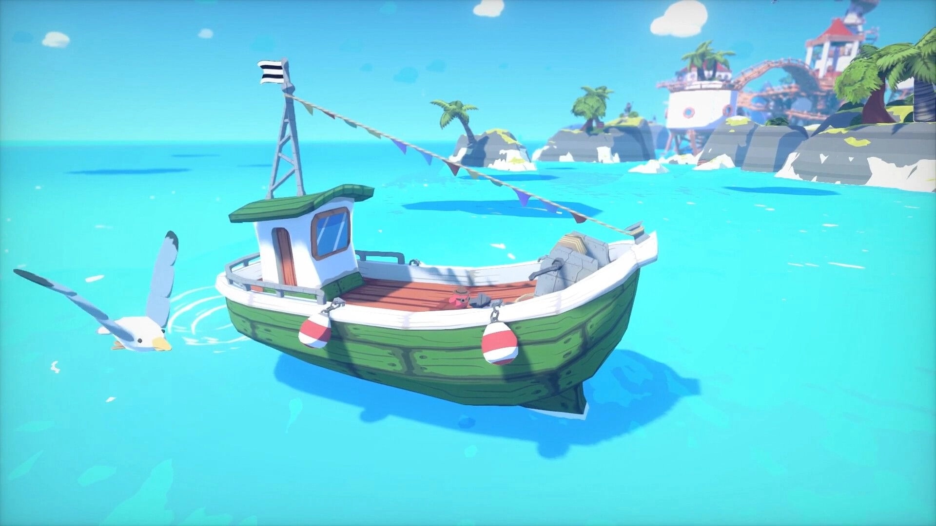 Zitifono: Small green boat with a seagull on bright blue ocean near a tropical island with palm trees