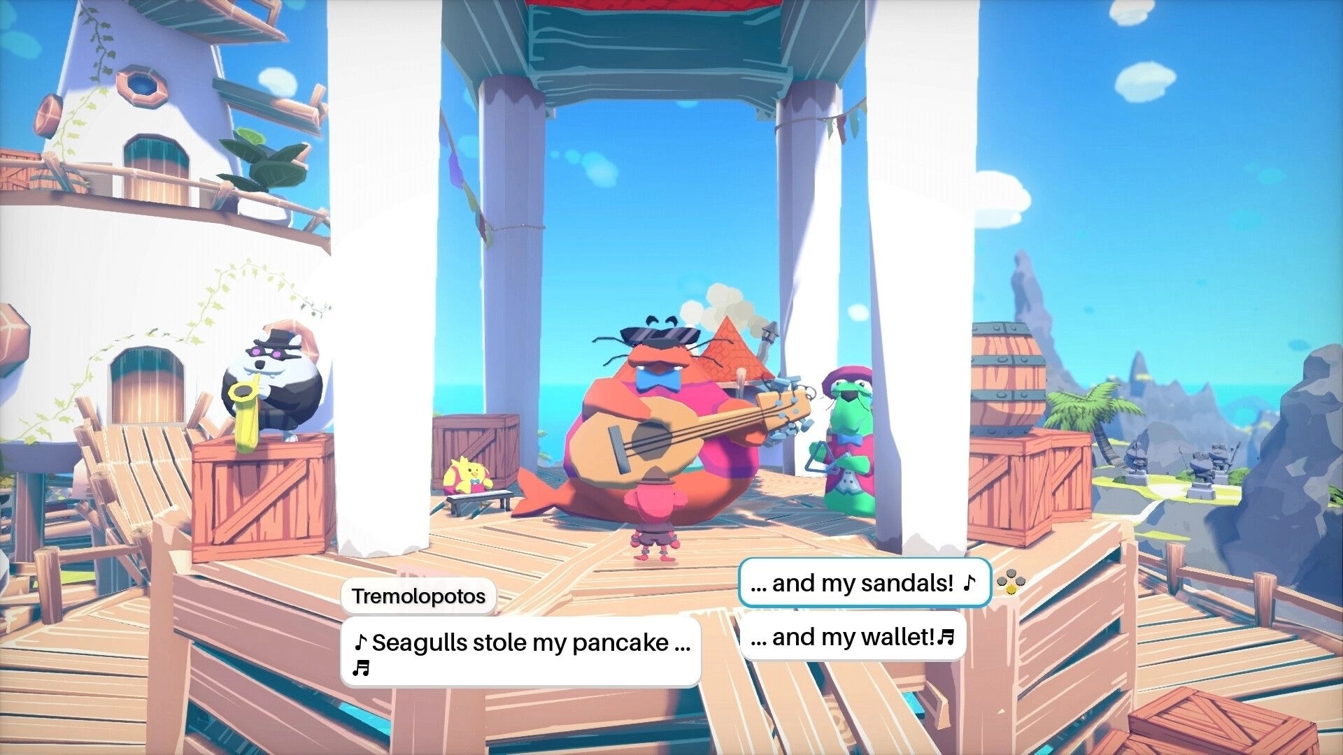 Zitifono: Tremolopotos sings on a wooden stage by the sea with humorous lyrics about stolen items.