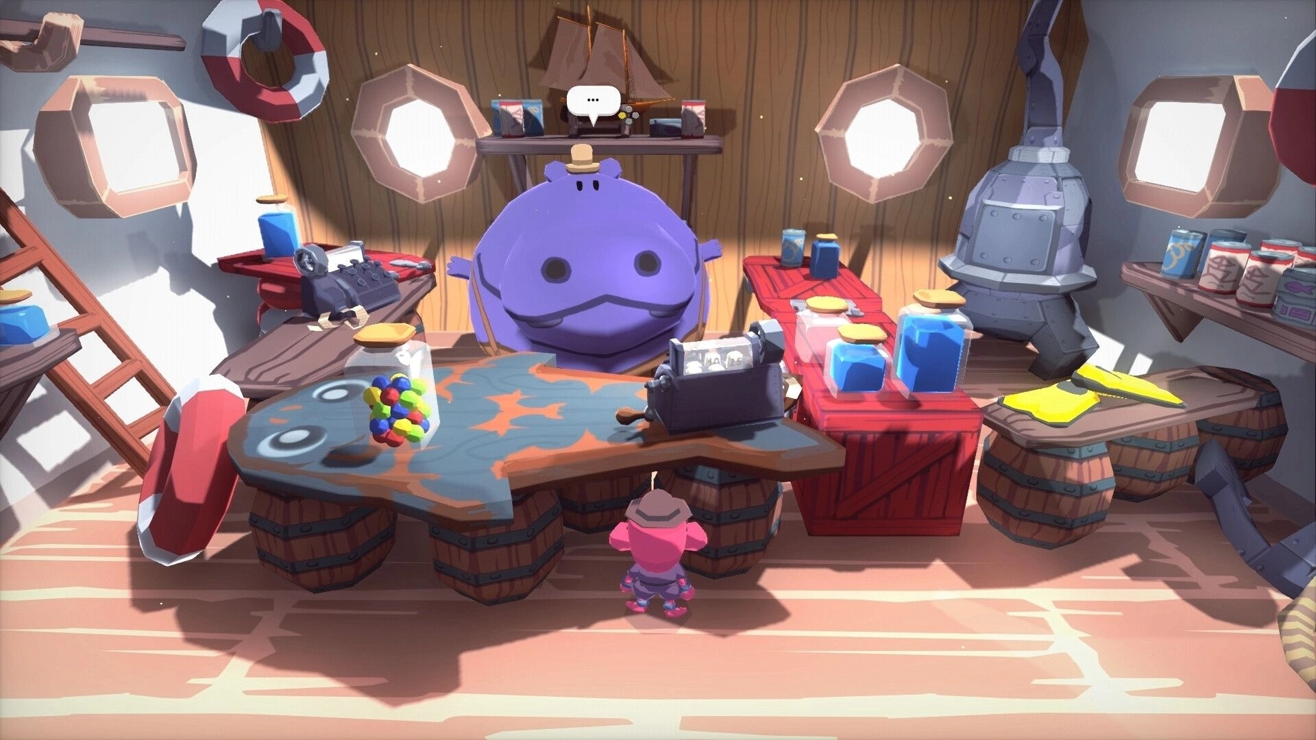 Zitifono: Player character talks to large purple creature in cozy wooden shop filled with colorful items.