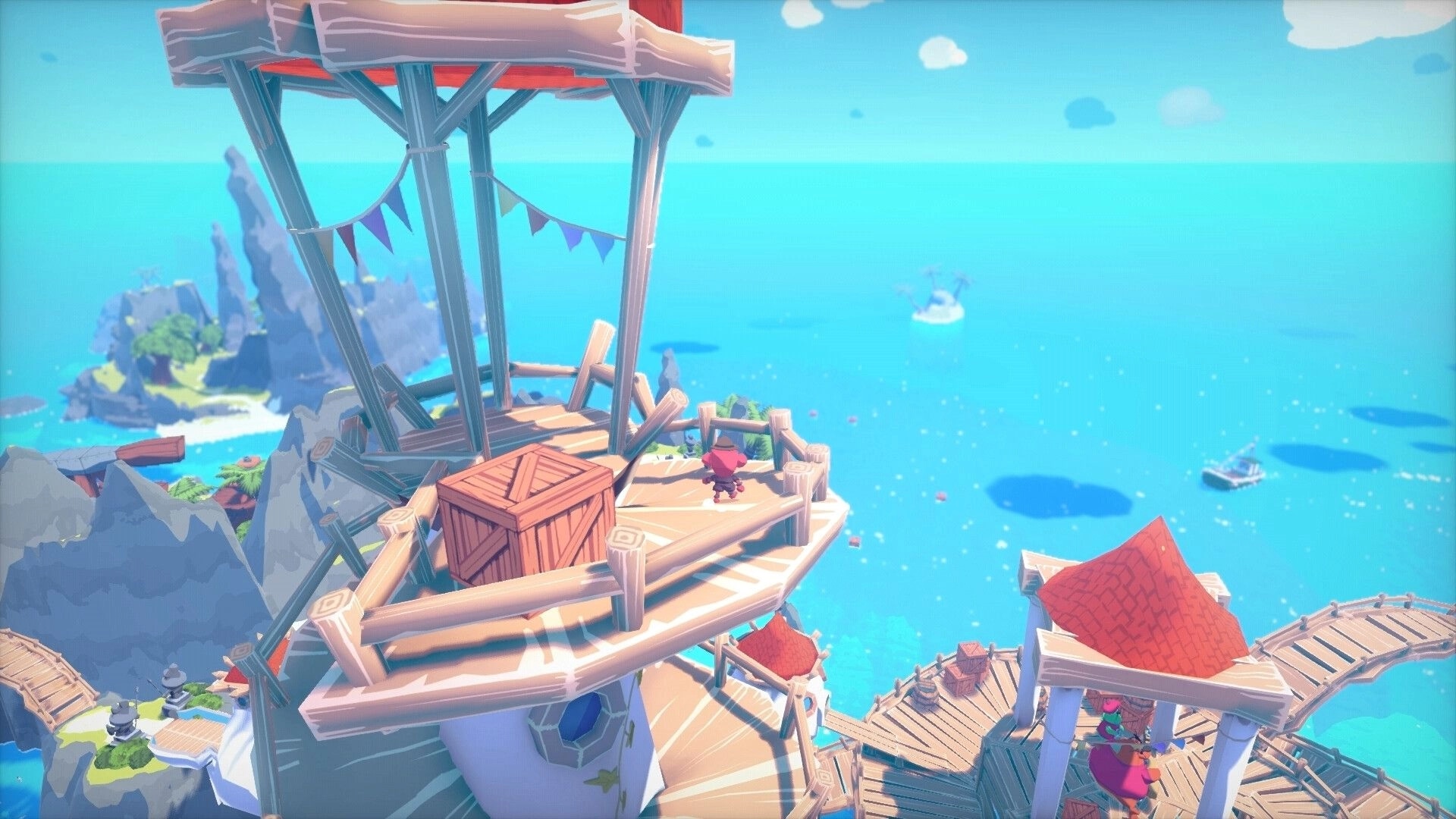 Zitifono: Character explores wooden lookout tower with crates and ocean view in bright, colorful island setting.