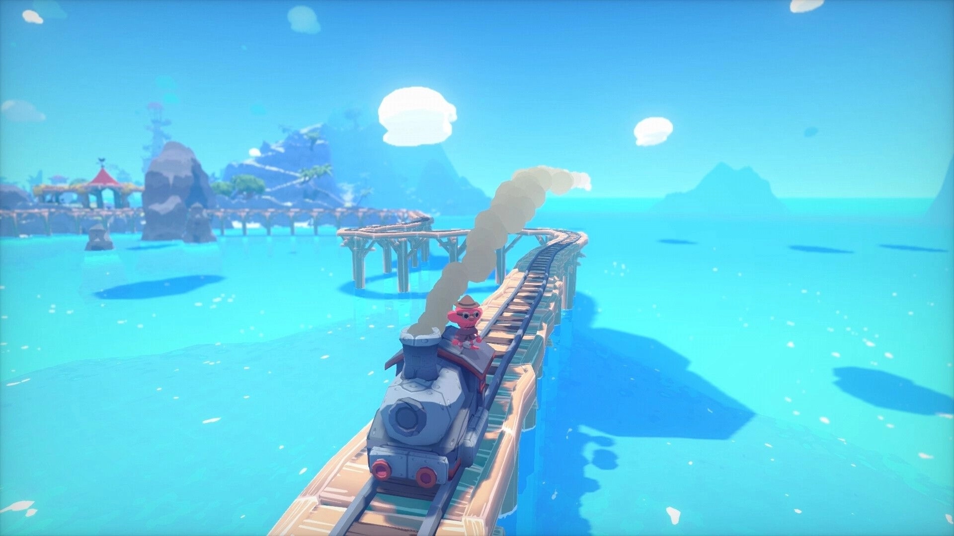 Zitifono: Character rides train on ocean tracks with islands and mountains in vibrant, sunny environment