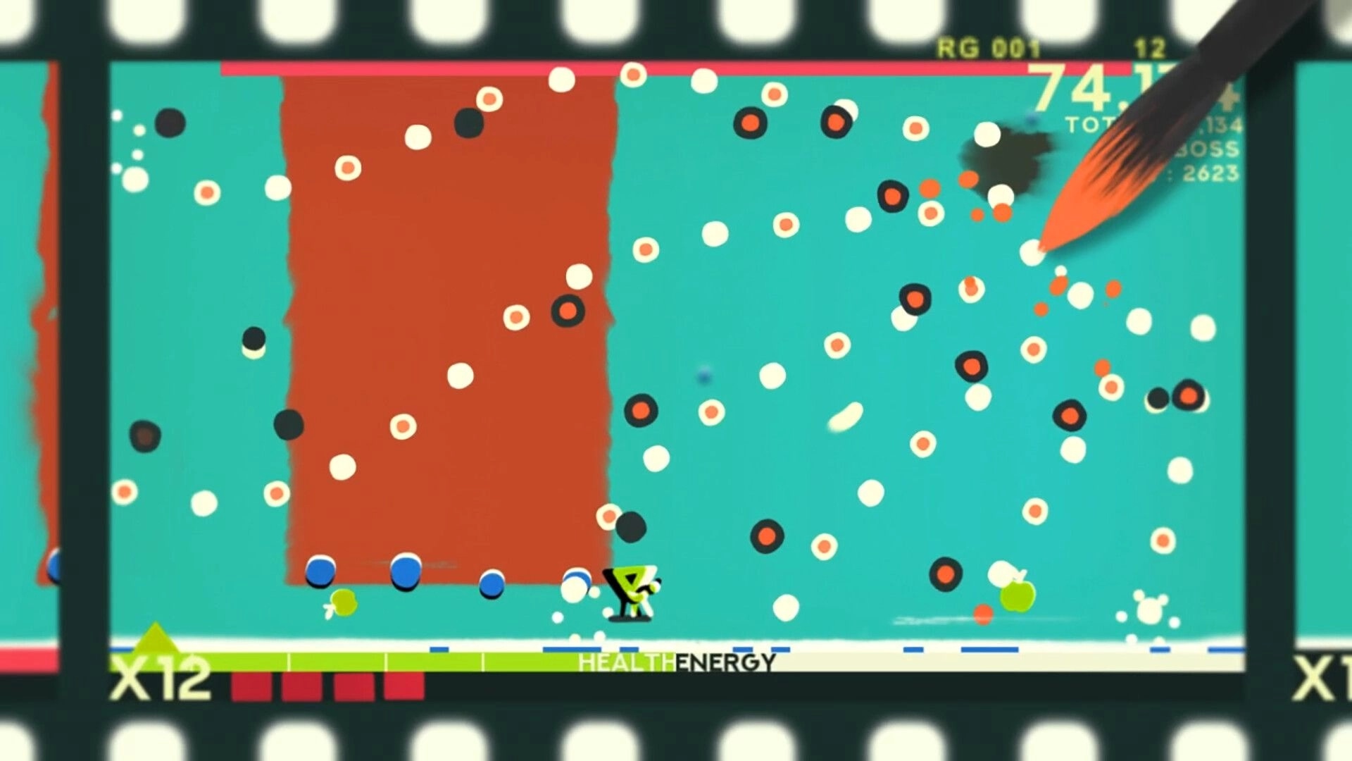 ZOE Begone!: Player dodging bullets in colorful arena with health and energy bars visible