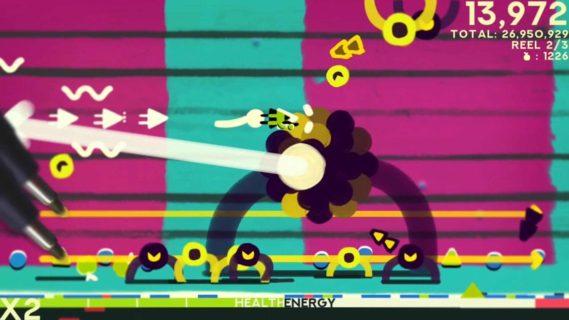 ZOE Begone!: Player character dodges bullets in a colorful, hand-drawn arena with score display visible.
