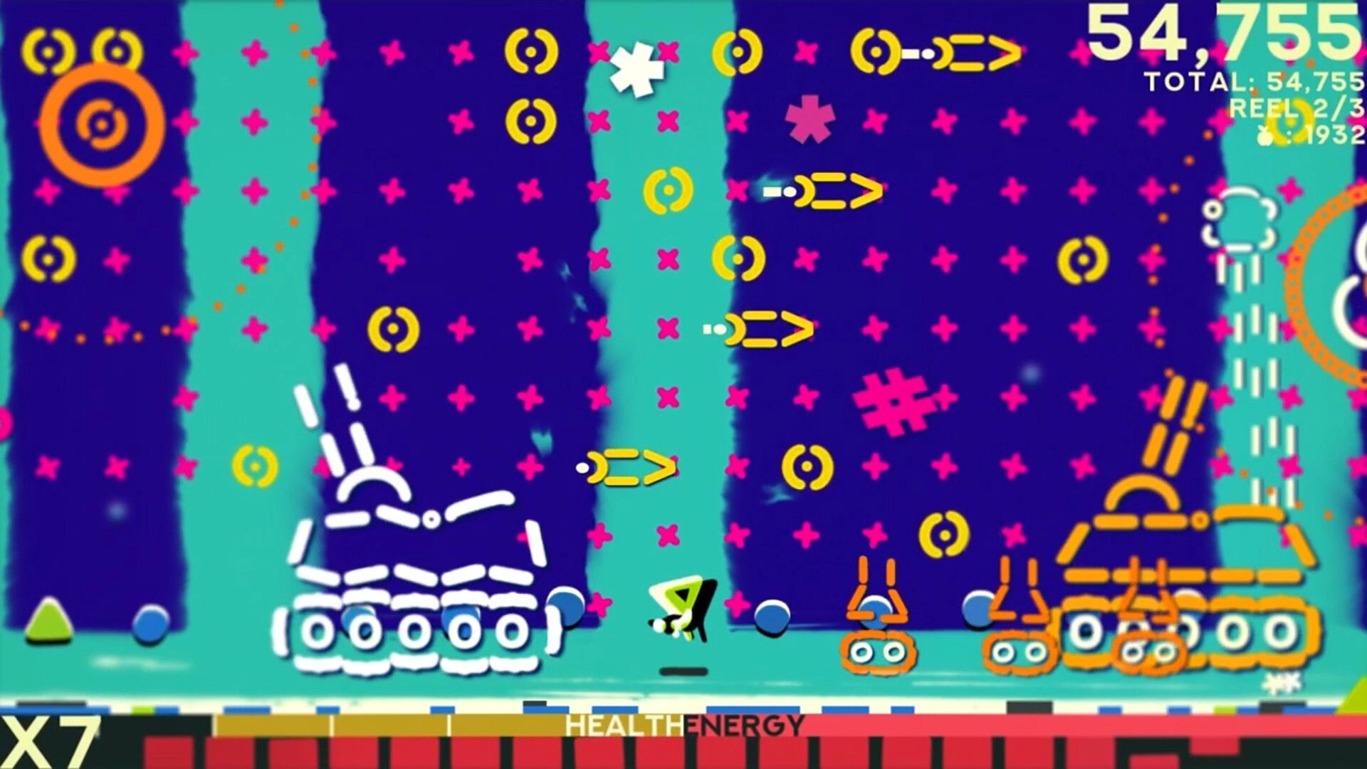 ZOE Begone!: Player evades projectiles in colorful arena with score and health bar visible