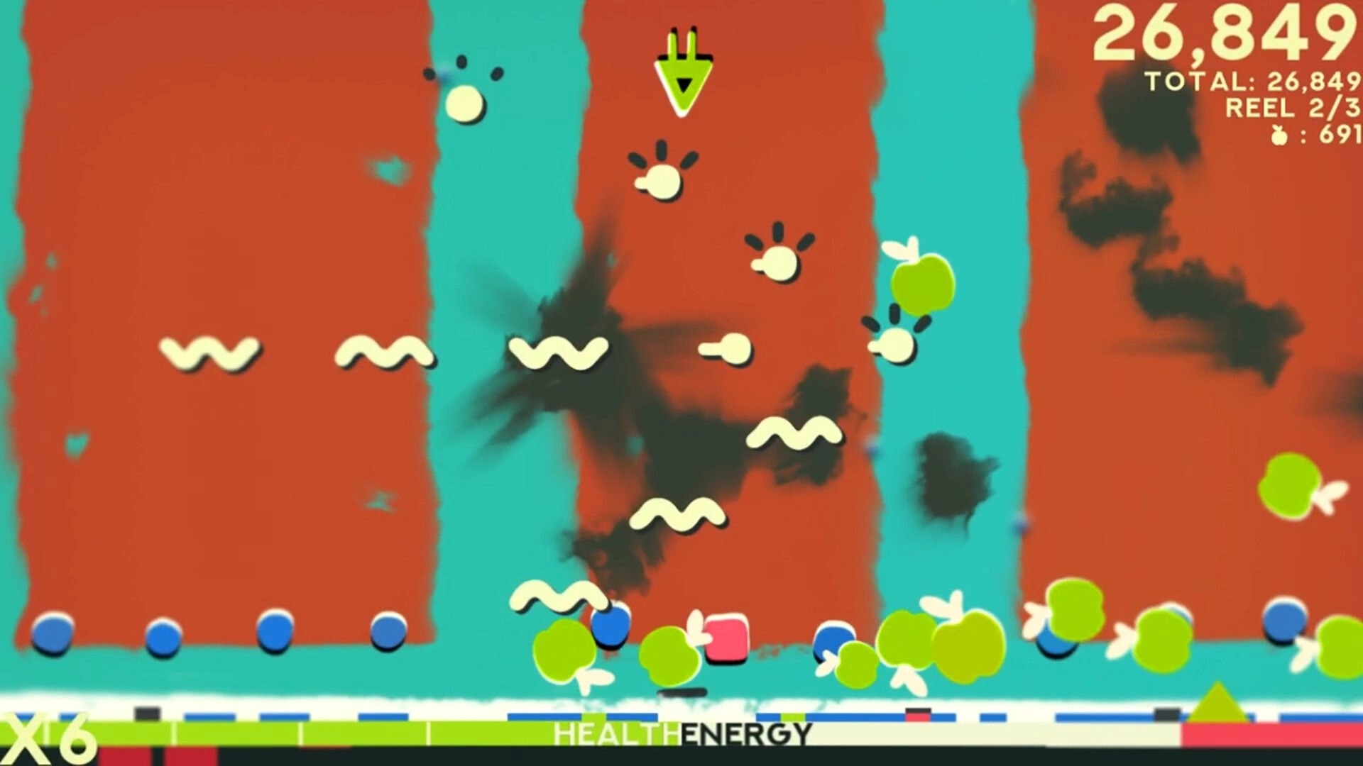 ZOE Begone!: Player dodging projectiles in colorful looping arena with score and health displayed