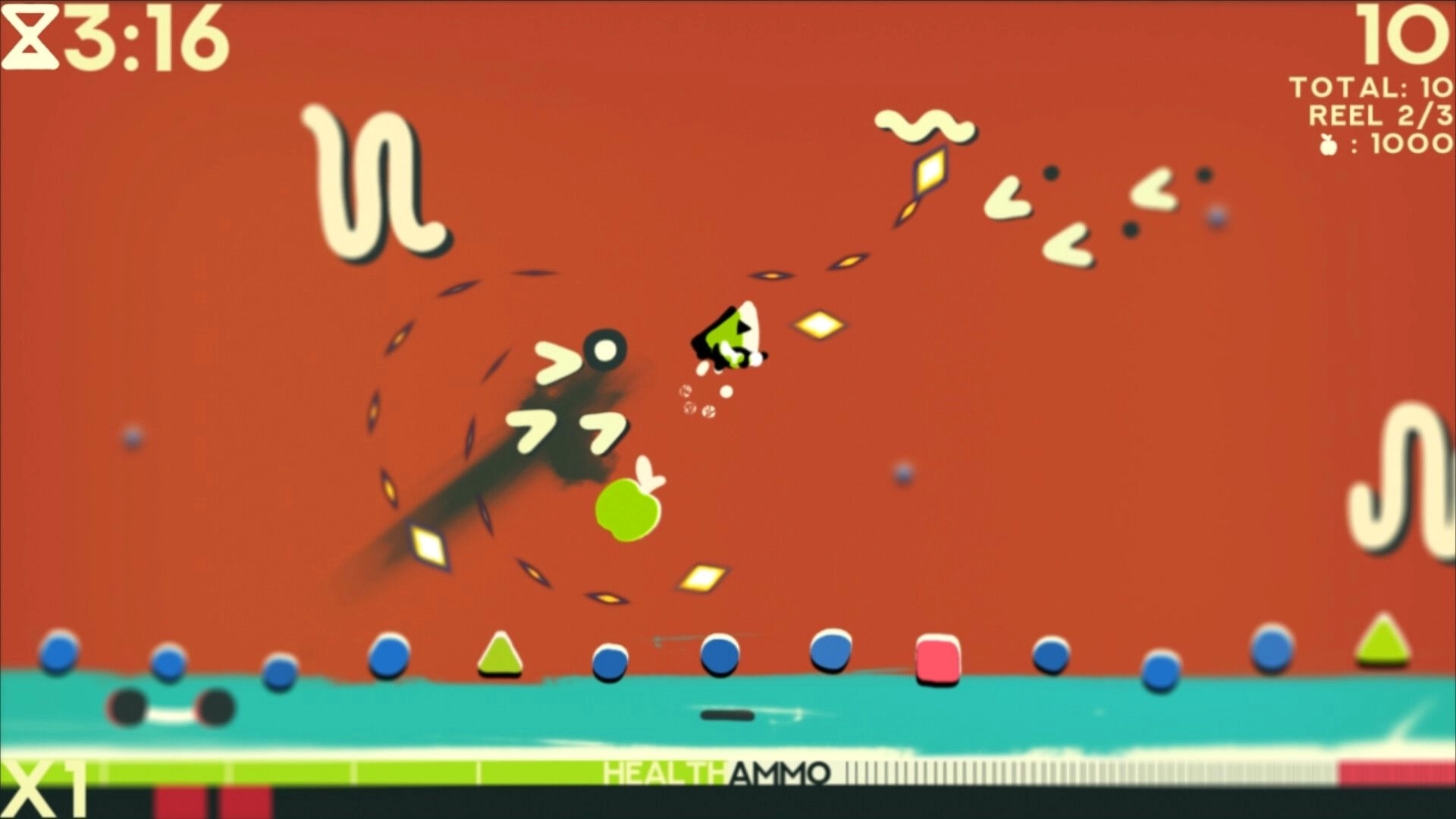 ZOE Begone!: Player character dodging projectiles in a vibrant looping arena with health and ammo bars.