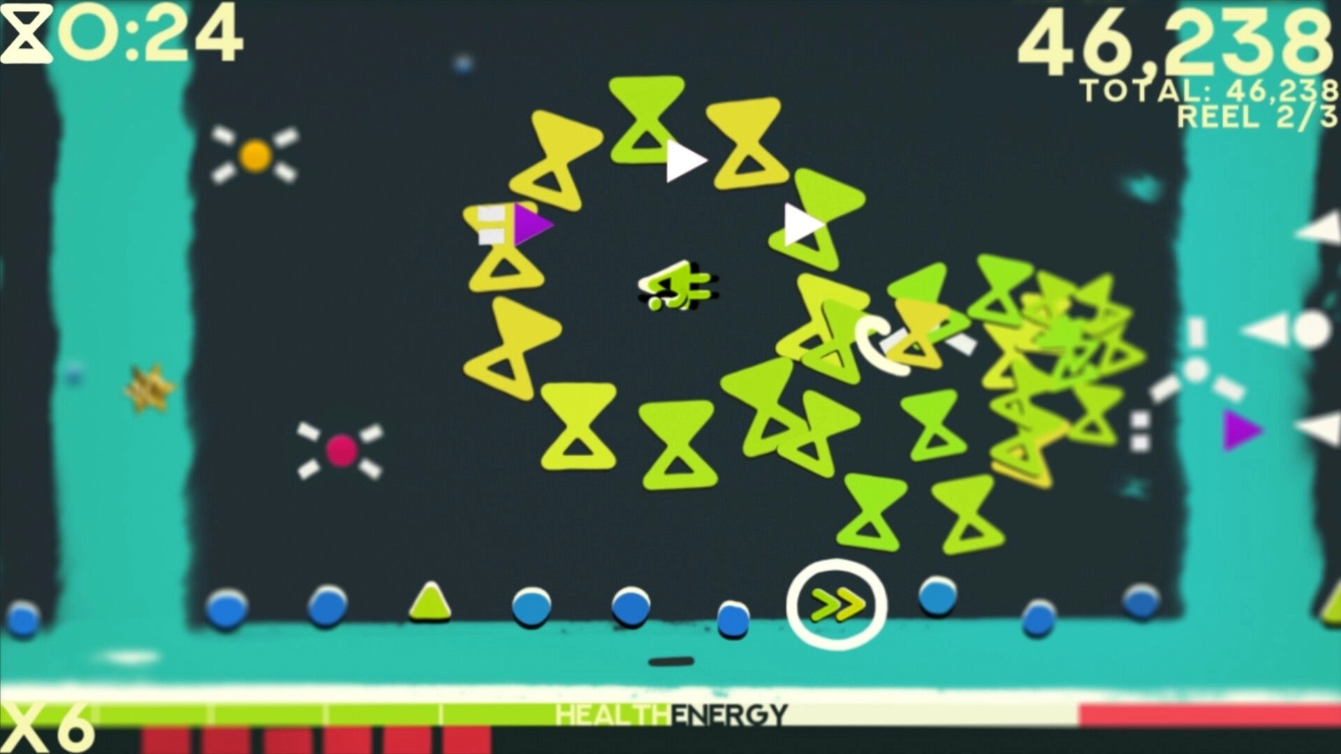 ZOE Begone!: Player navigating through yellow enemy formations with score and health bars displayed