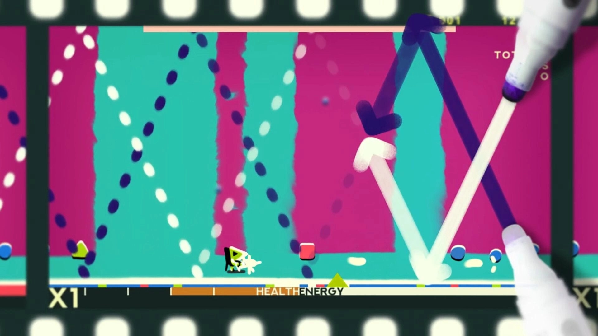 ZOE Begone!: Player dodges colorful bullet patterns in a vibrant looping arena with health bar visible.