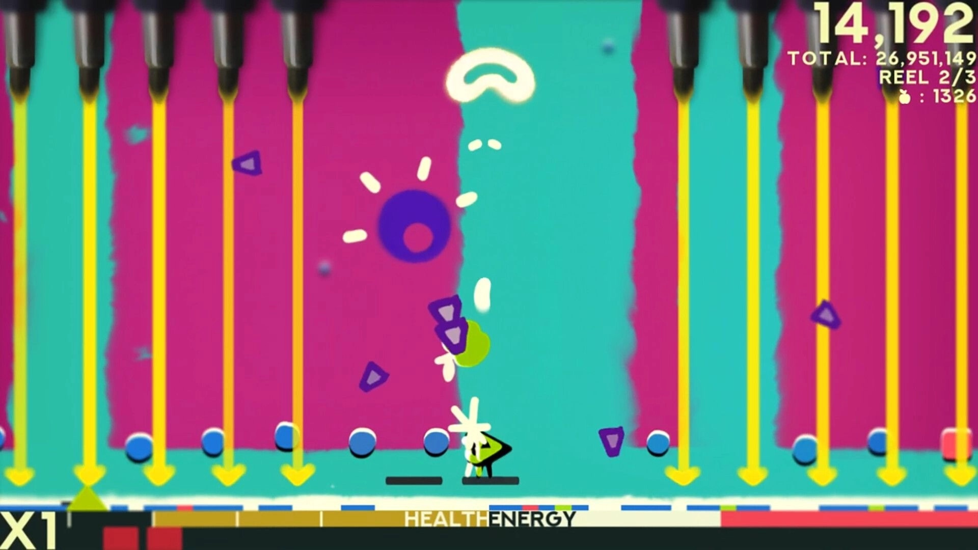 ZOE Begone!: Player dodging yellow beams in vibrant pink-blue arena with score and health bars visible