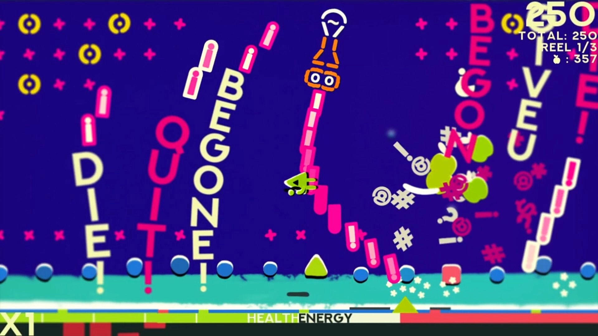 ZOE Begone!: Player dodging text projectiles in a colorful, chaotic bullet hell arena with UI stats.