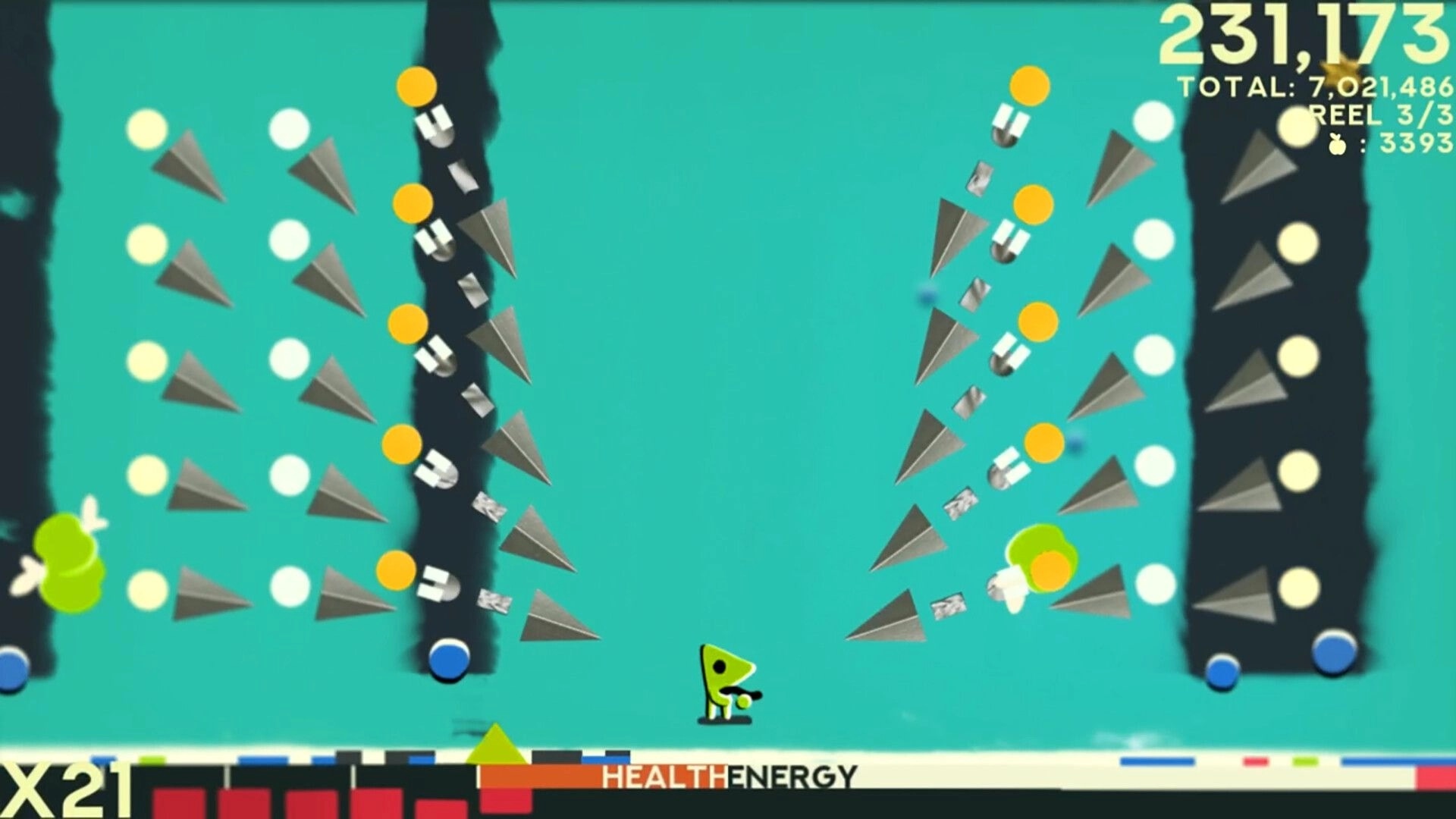 ZOE Begone!: Player dodging cascading bullets in a vibrant blue arena with score and health displayed