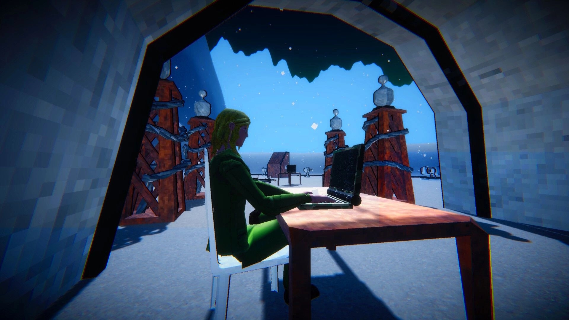 ZOMBILLIONAIRE: Green-haired character typing at a laptop in snowy base with oil rigs outside cave doorway.