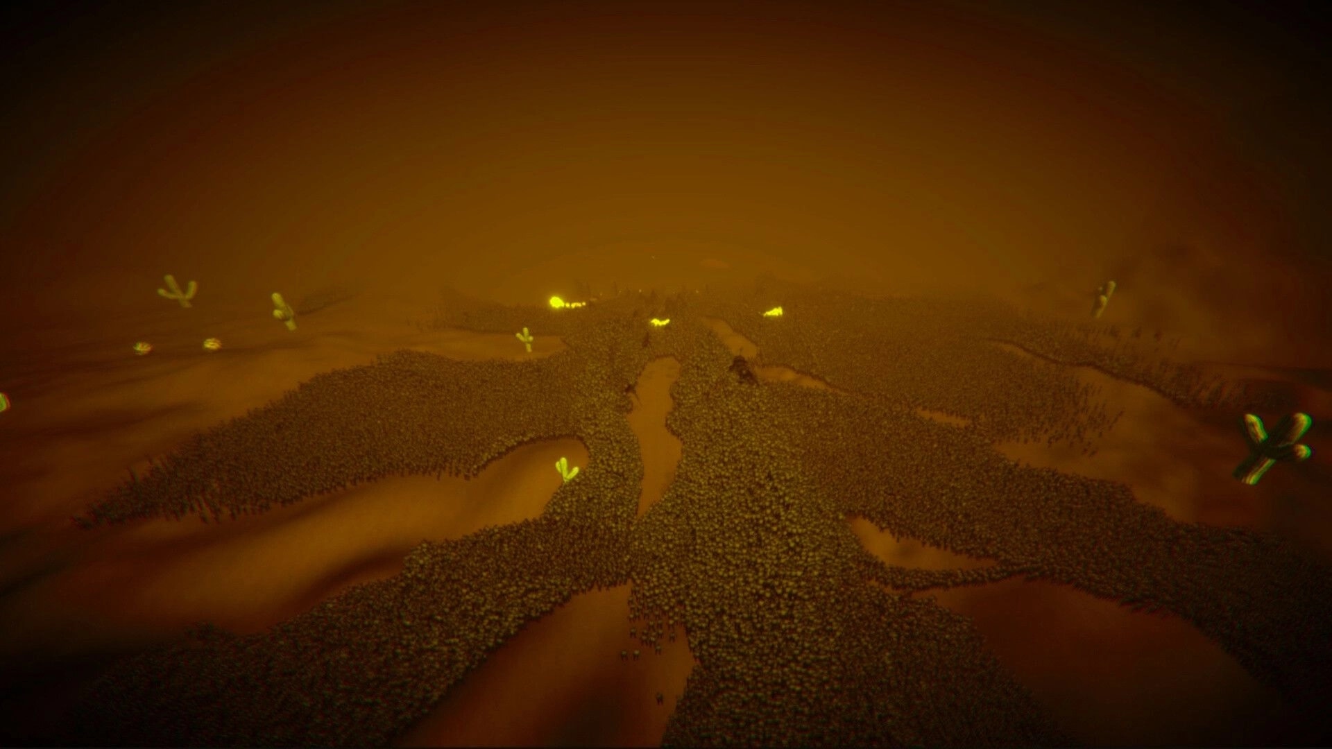 ZOMBILLIONAIRE: Huge zombie horde swarms across a hazy desert landscape with glowing green oil pools.