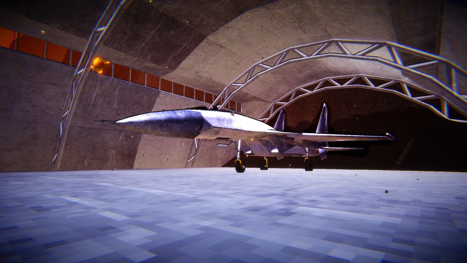 ZOMBILLIONAIRE: Low-angle view of a jet on landing gear inside a concrete hangar bay.