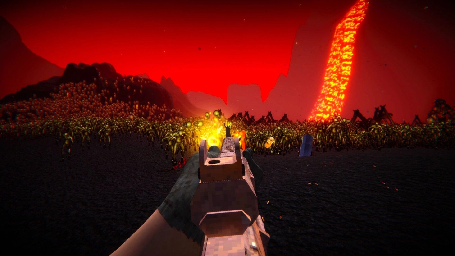 ZOMBILLIONAIRE: First-person rifle firing into a massive zombie horde on a dark plain under red sky.