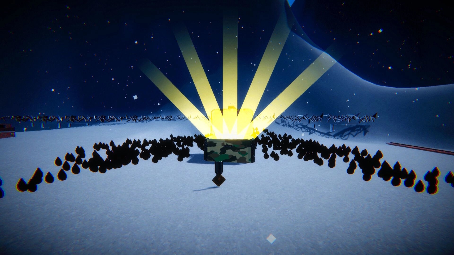 ZOMBILLIONAIRE: Glowing loot crate emits golden beams in snowy valley, surrounded by black oil drops.