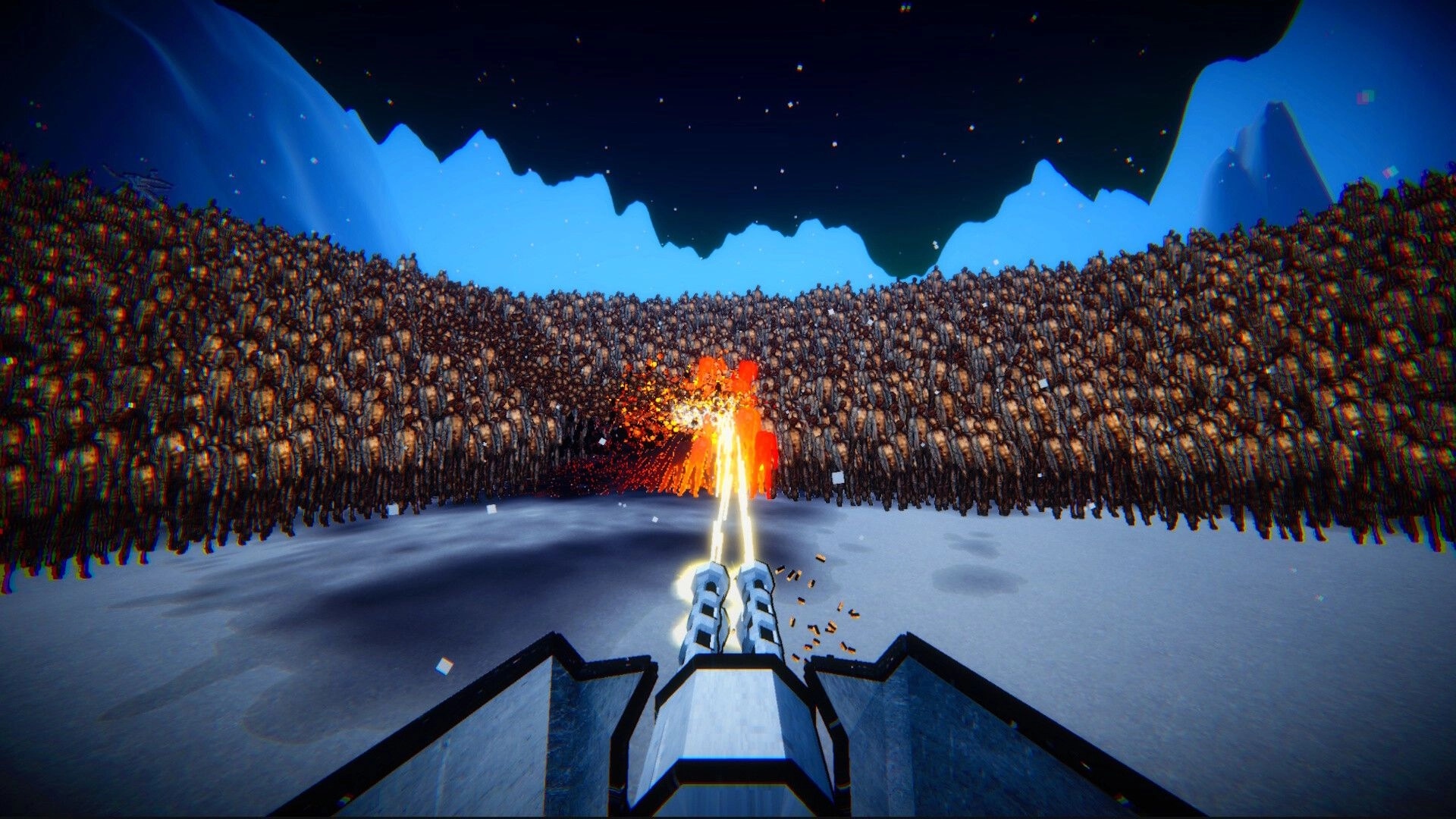 ZOMBILLIONAIRE: Dual miniguns firing into a massive zombie wall on a snowy plain at night.