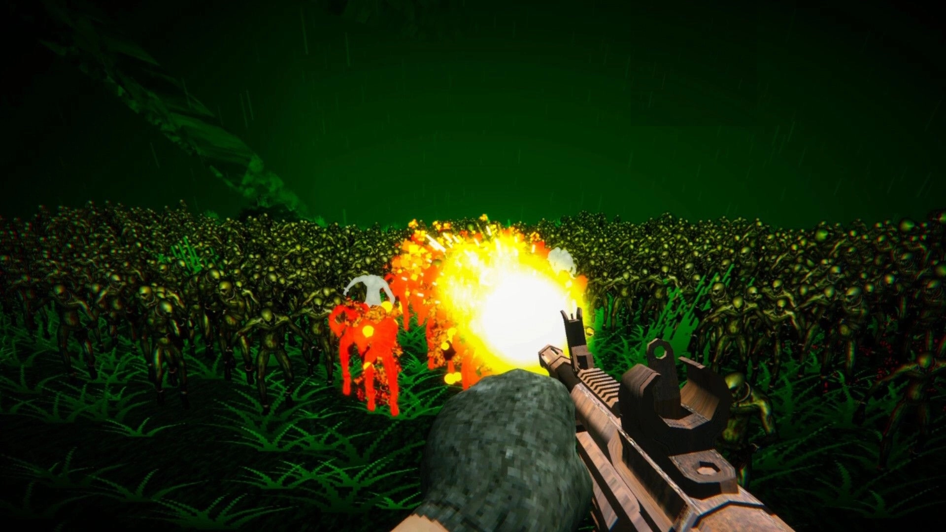 ZOMBILLIONAIRE: First-person rifle firing at a huge zombie horde in a green foggy field at night.