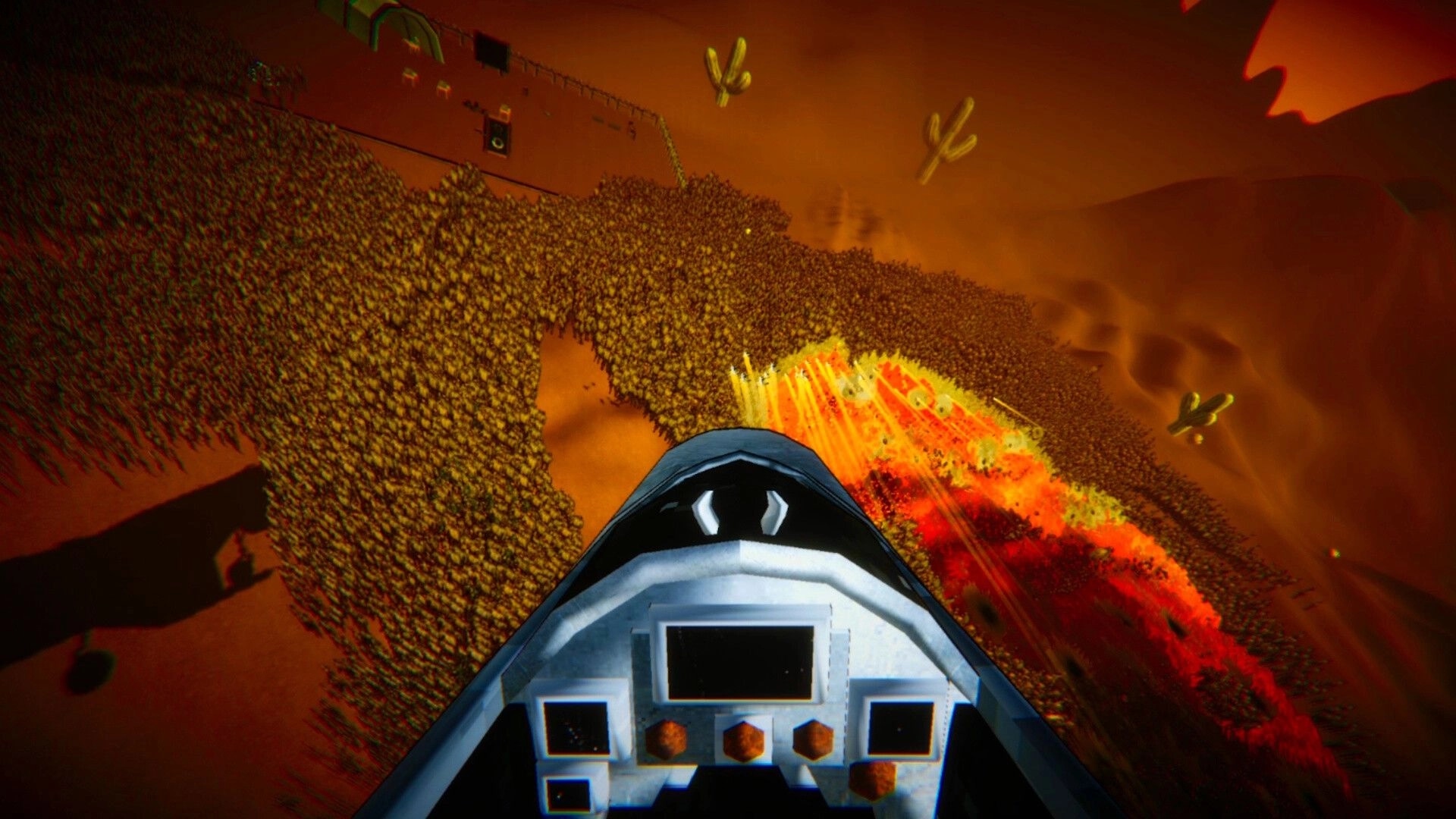 ZOMBILLIONAIRE: First-person view firing a huge weapon into a massive zombie horde in a desert canyon.