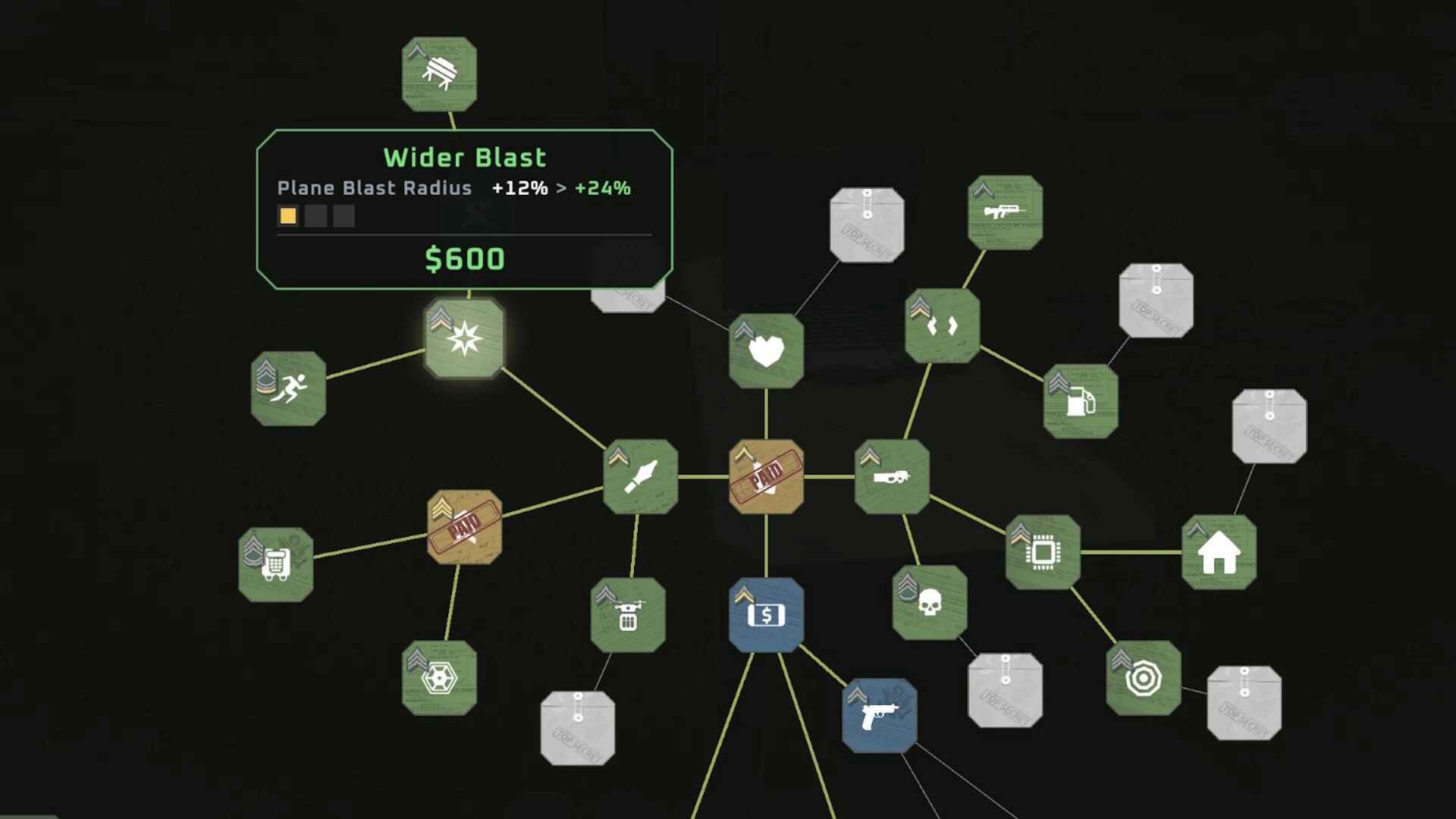 ZOMBILLIONAIRE: Upgrade skill tree with Wider Blast radius boost for $600 on dark menu screen.