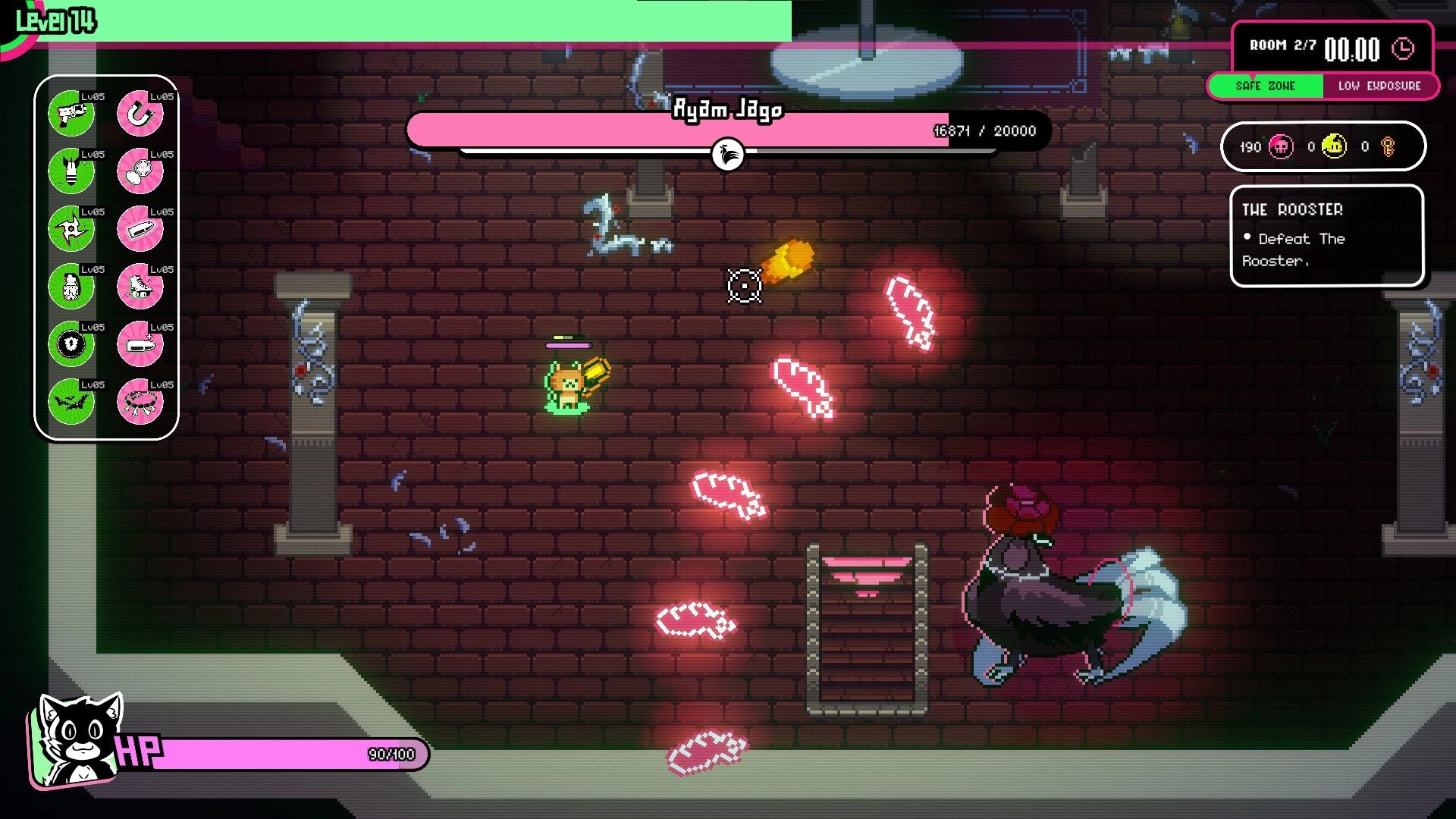 Zoomageddon: Sassy cat battles Ayam Jago boss in brick dungeon with pink feathers flying around