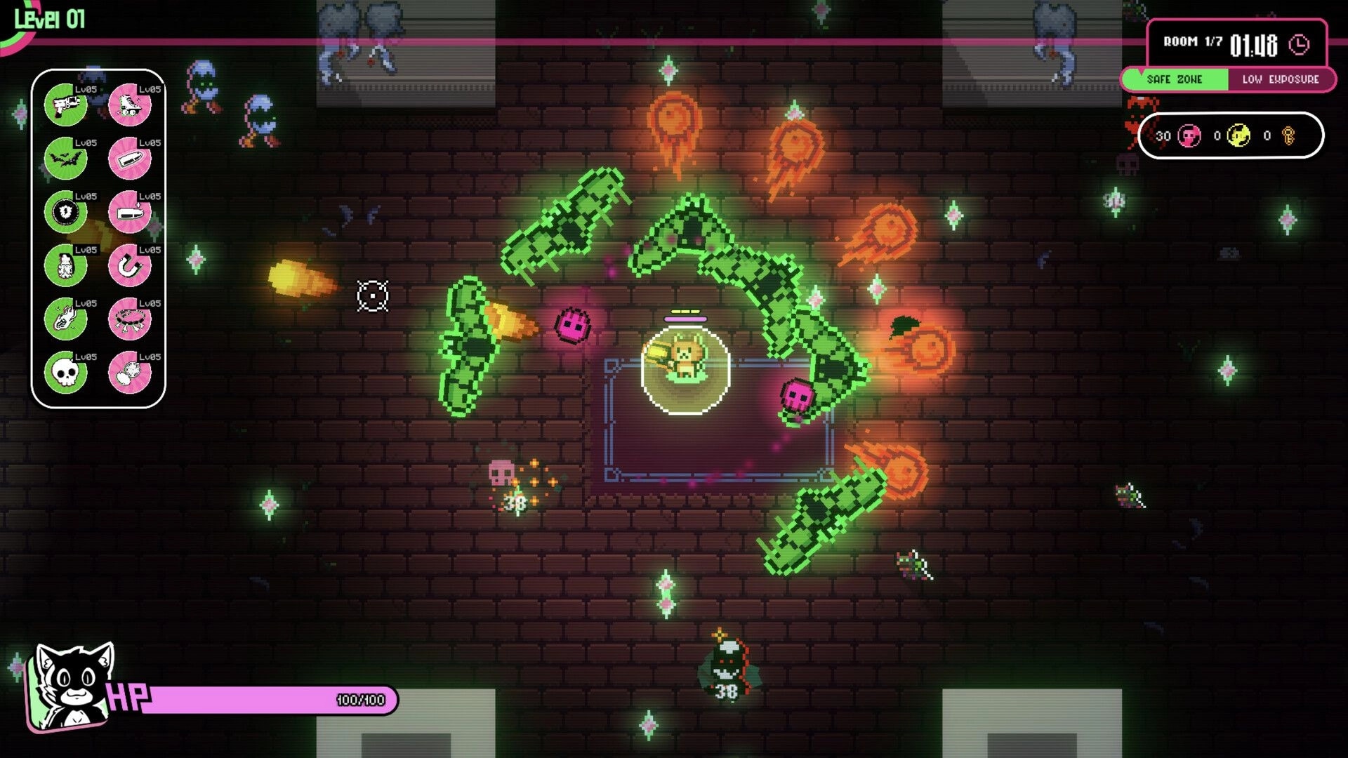 Zoomageddon: Sassy cat in combat with mutant creatures in a brick dungeon with abilities menu visible