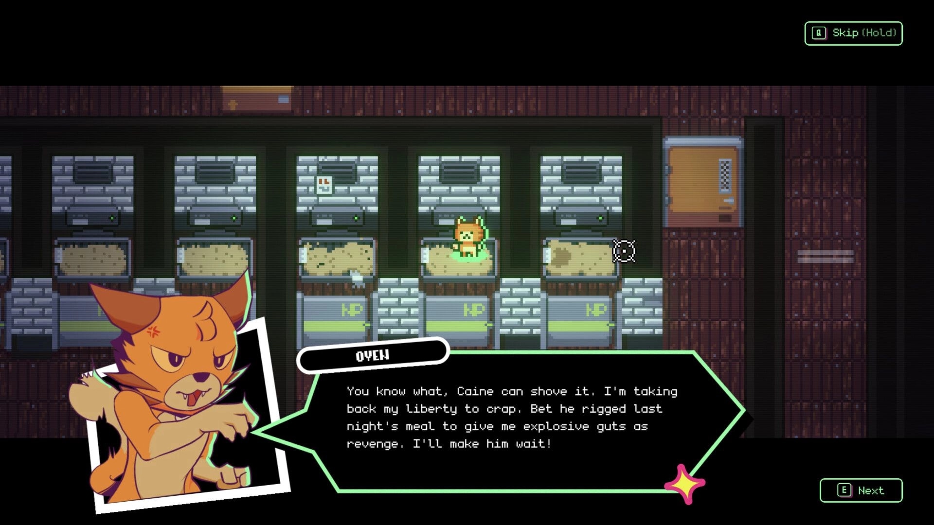 Zoomageddon: Owen the cat angrily speaks while standing in front of futuristic bunkers in dialogue scene.