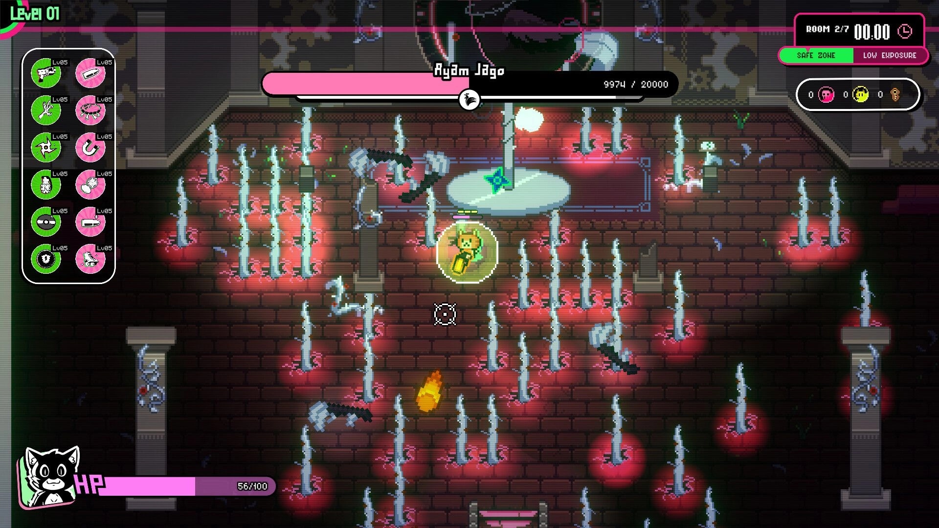 Zoomageddon: Sassy cat battles Ayam Jago in candle-lit dungeon with health and abilities displayed