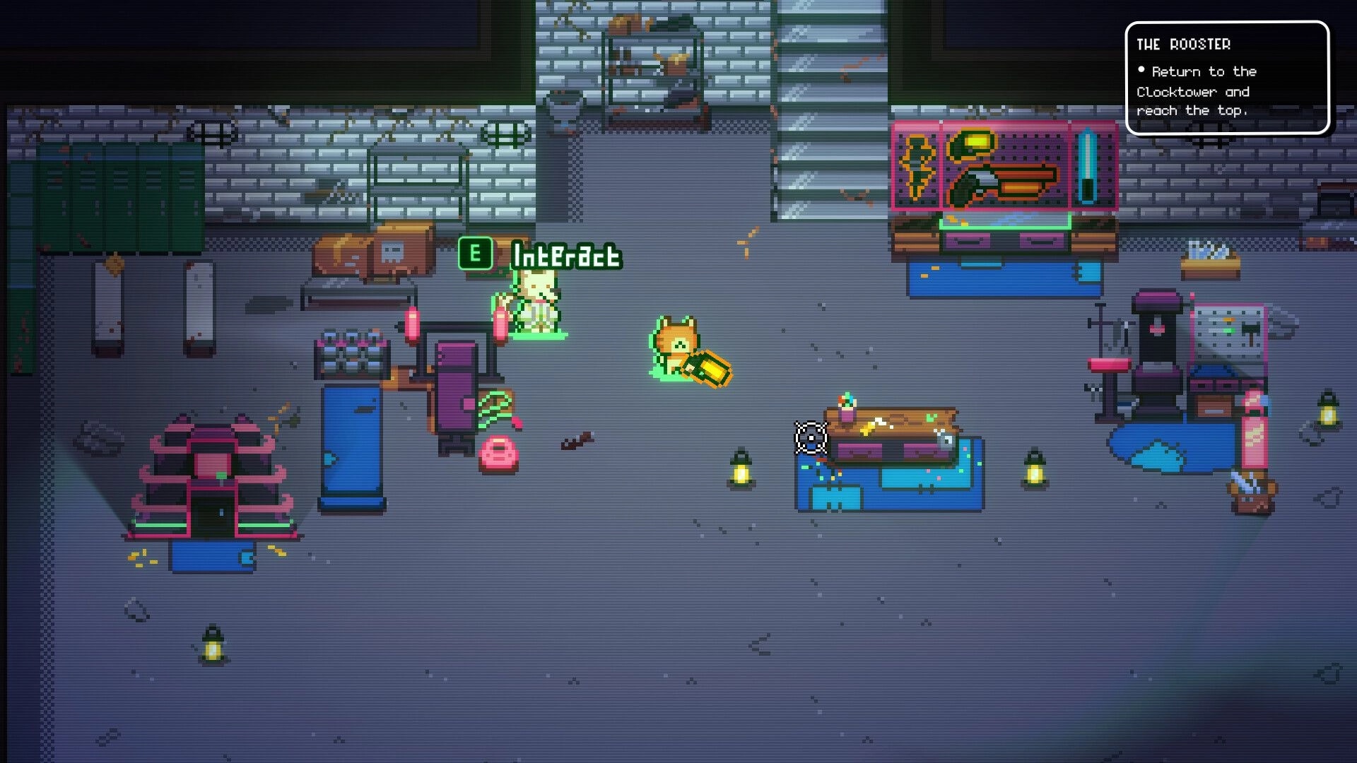 Zoomageddon: Sassy cat character in a bunker workshop, interacting with crafting stations and tools.