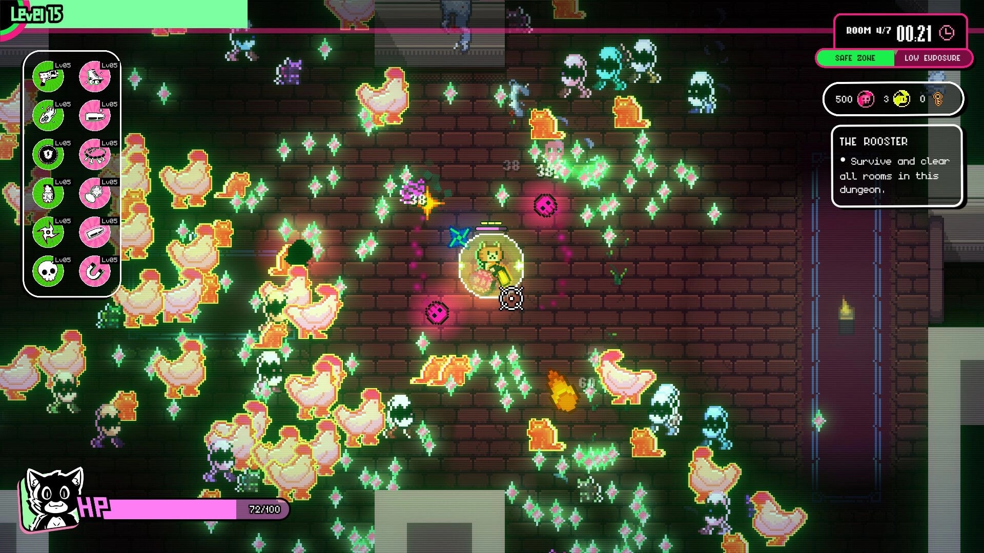 Zoomageddon: Cat character battles chicken enemies in a dungeon with vibrant pixelated graphics.
