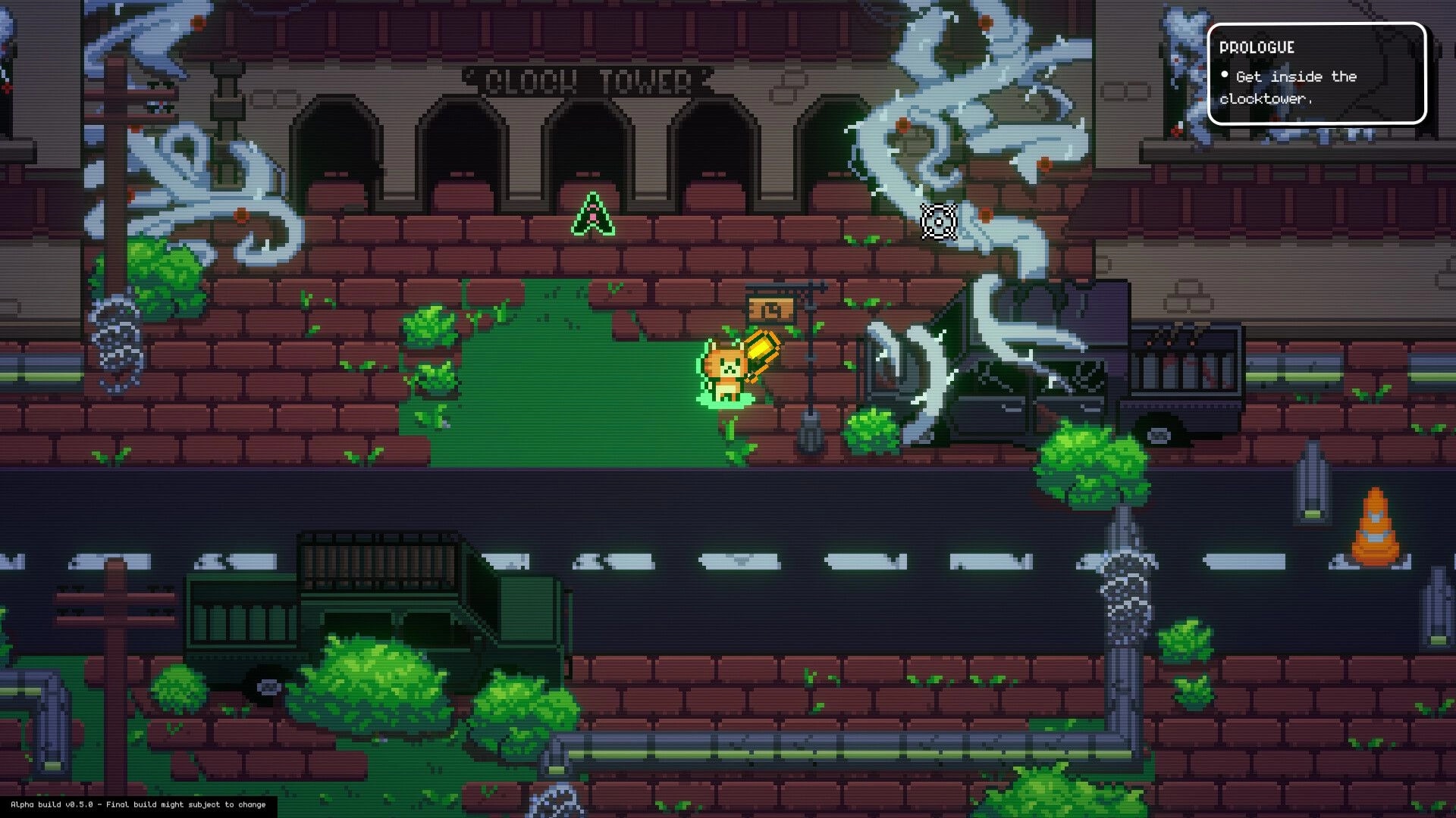 Zoomageddon: Sassy cat with weapon explores overgrown street near clock tower with mission prompt visible.