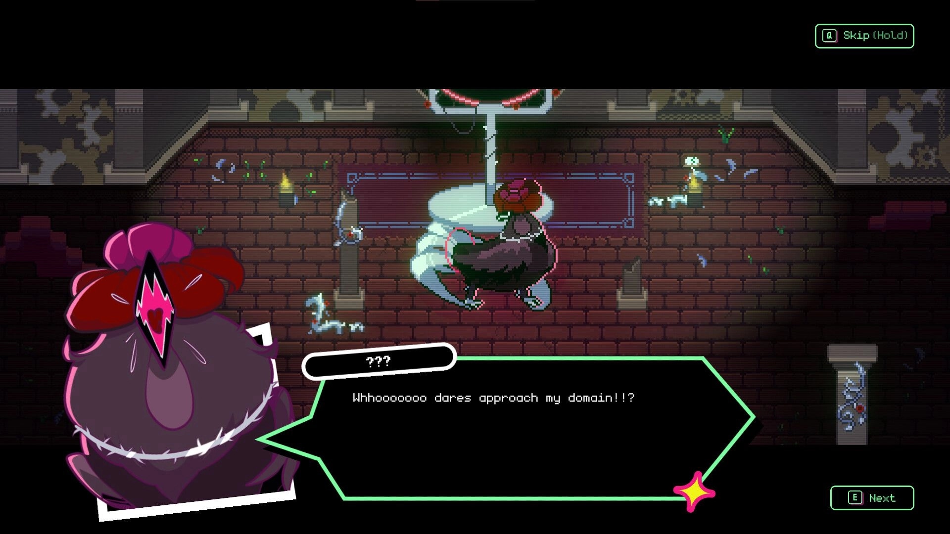 Zoomageddon: Dialogue with mysterious character in a dungeon, player cat near glowing pillar.