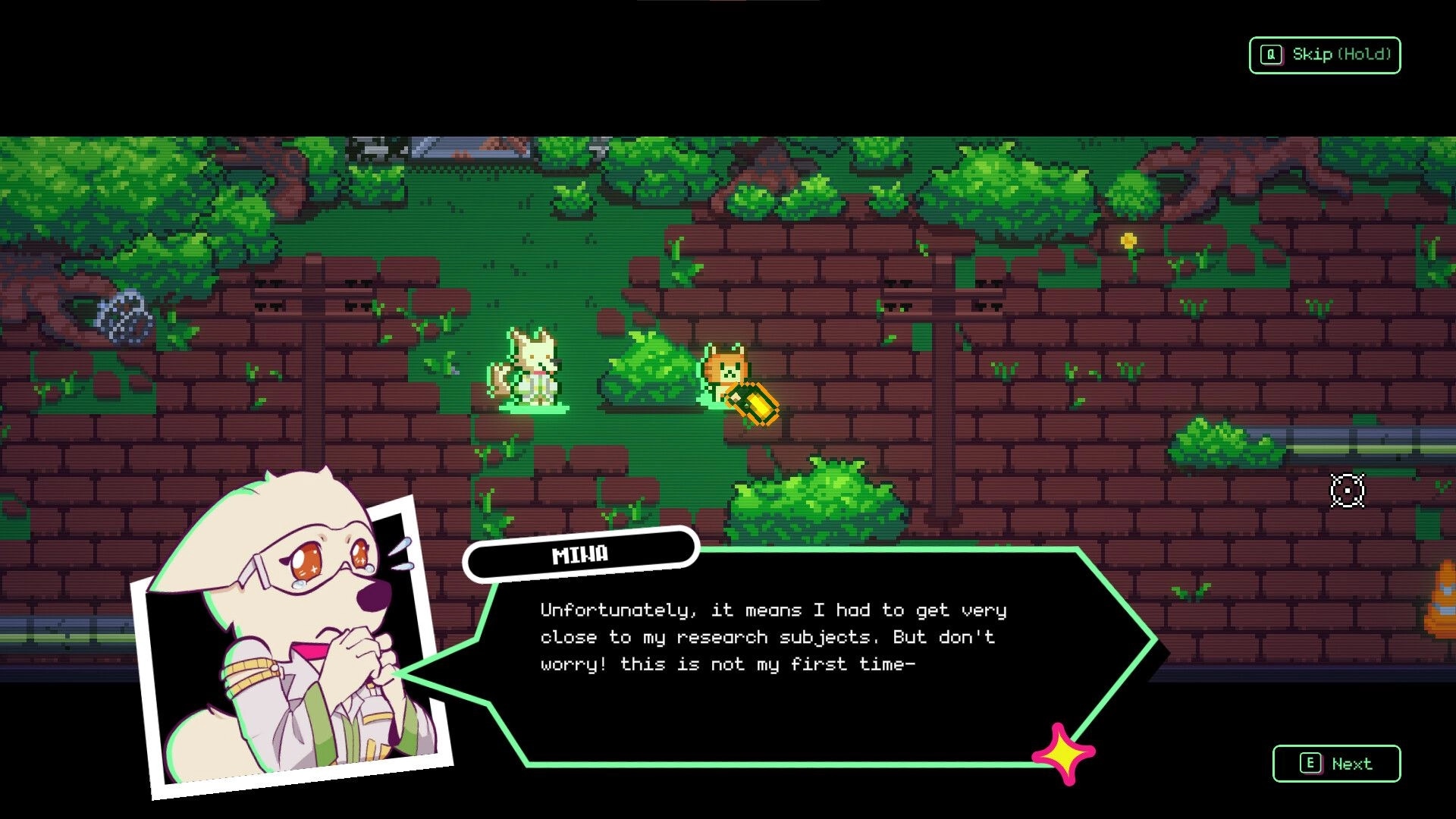Zoomageddon: Sassy cat with weapon encounters character Mina in lush overgrown ruins with dialogue box.