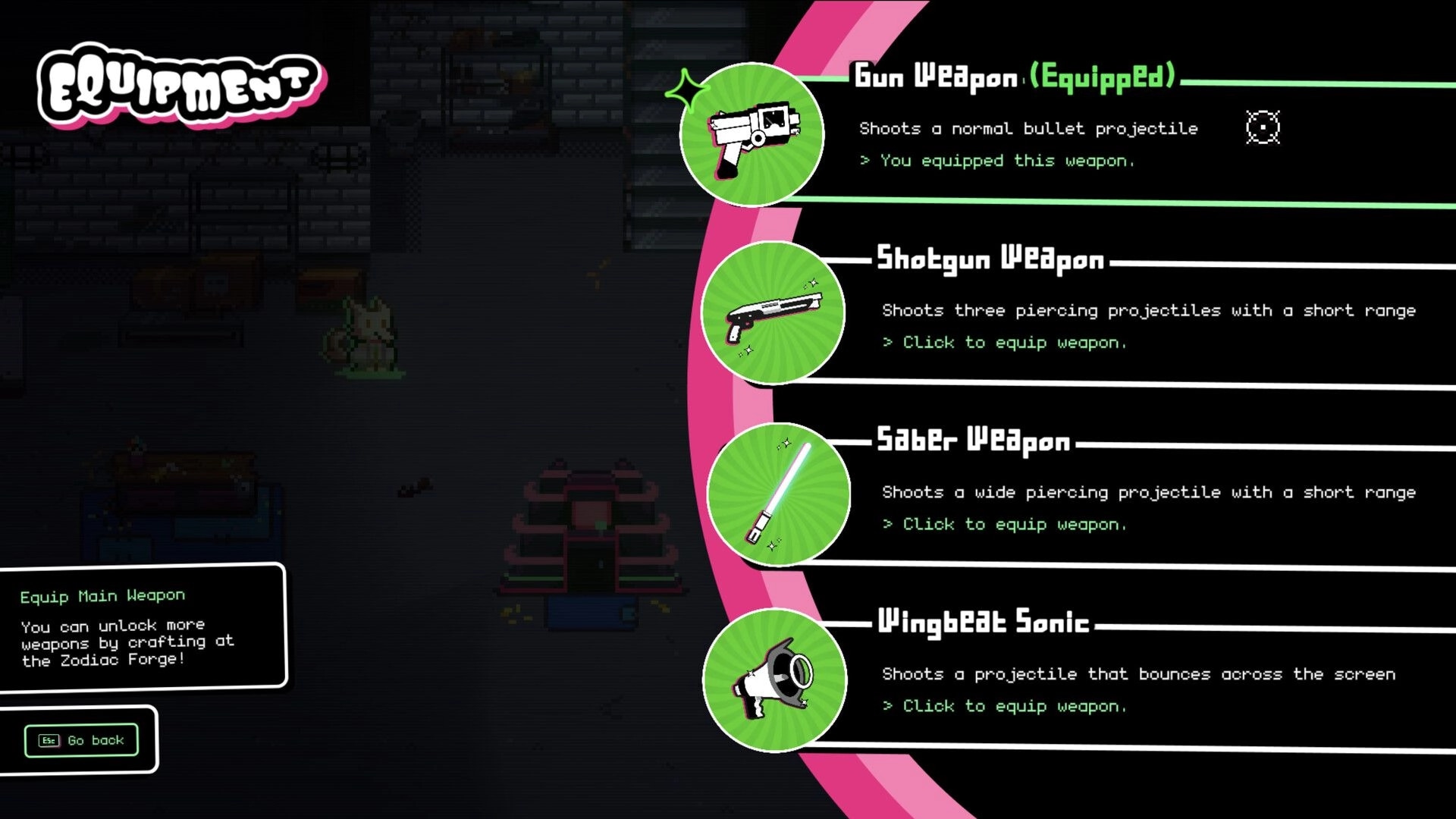 Zoomageddon: Weapon selection screen with gun, shotgun, saber, and sonic options in a dark bunker.