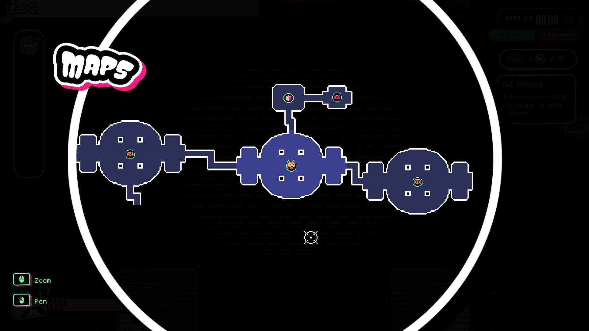 Zoomageddon: Map overview with dungeon layout and player icon in center room
