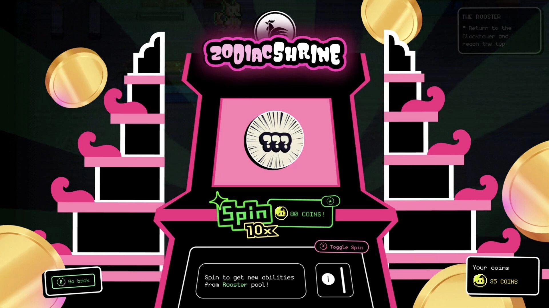 Zoomageddon: Zodiac Shrine interface with spin option for new abilities and coin count display