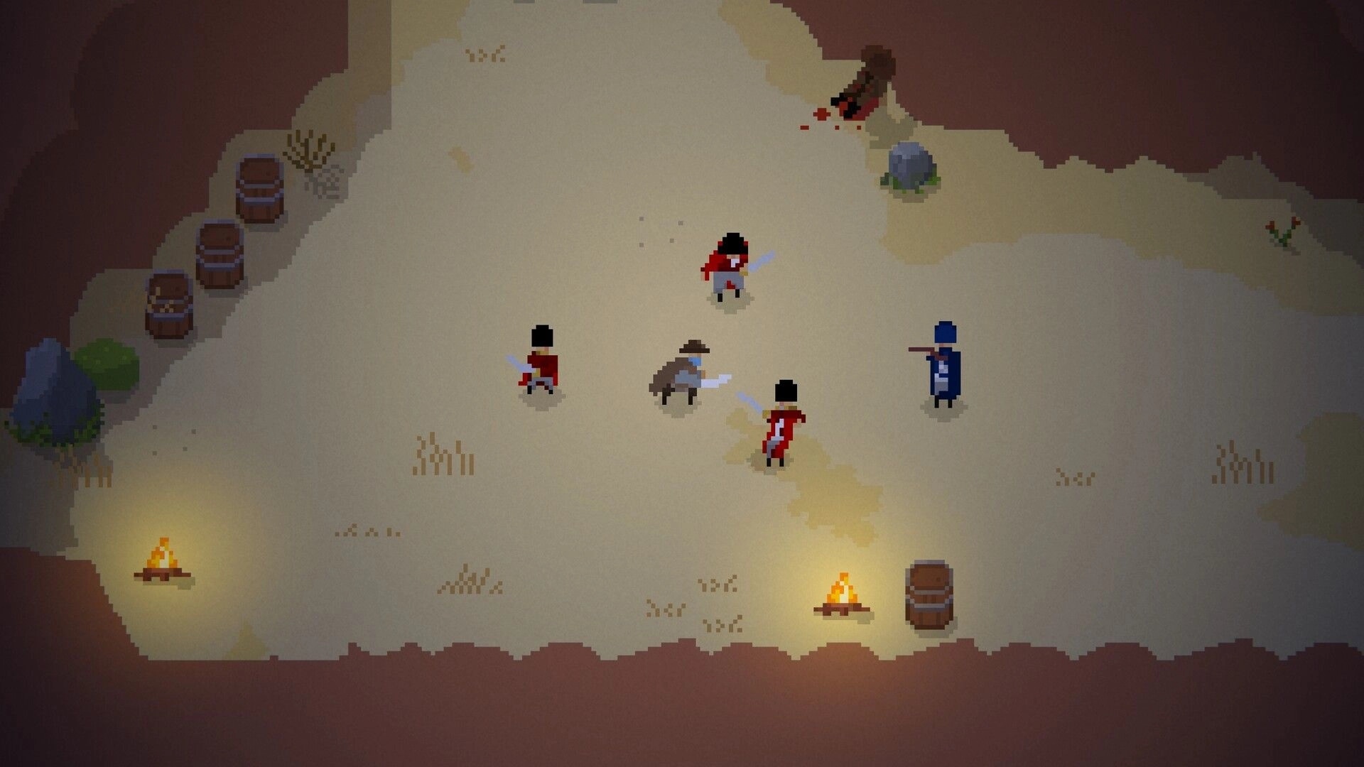 Zupay: Top-down swordfight with redcoats and a blue soldier in a sandy camp with barrels and fires.