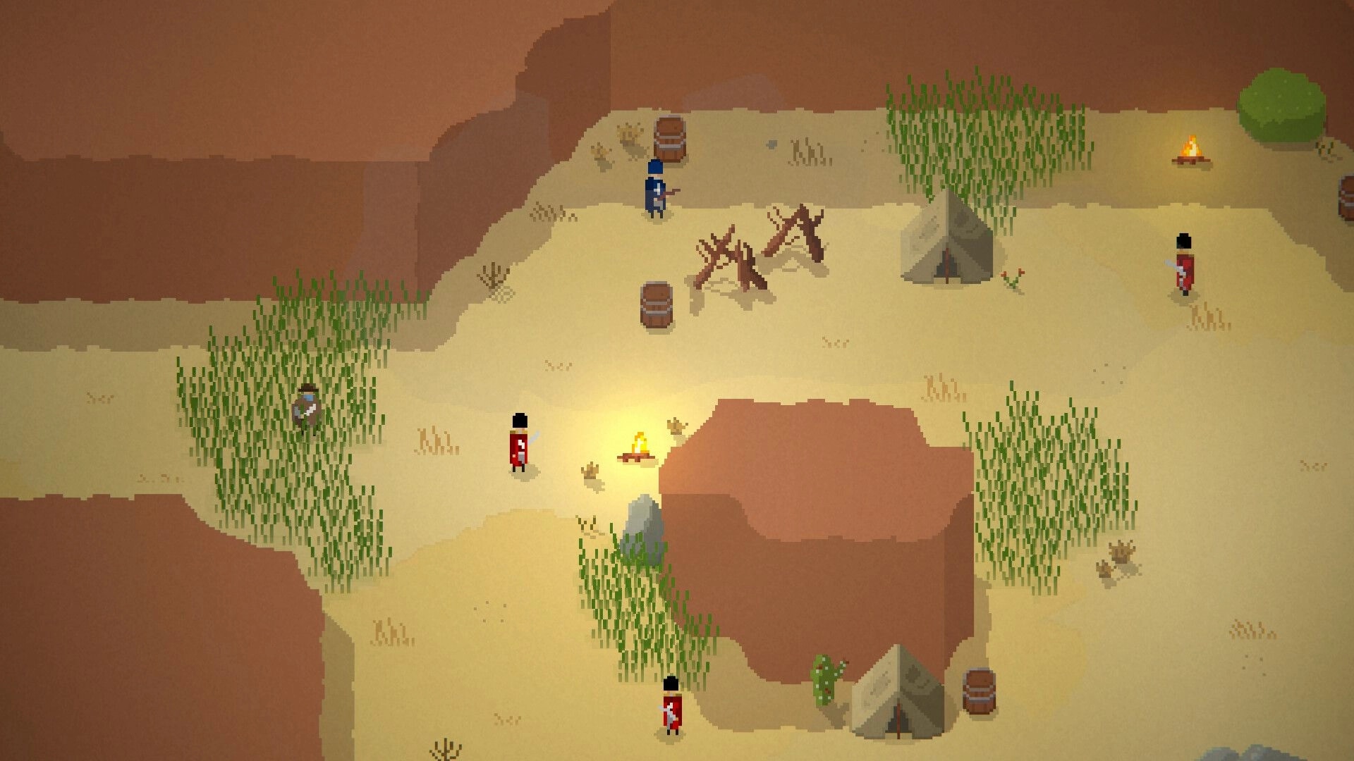 Zupay: Top-down character sneaks through a desert camp with tents, barrels, guards, and campfires.