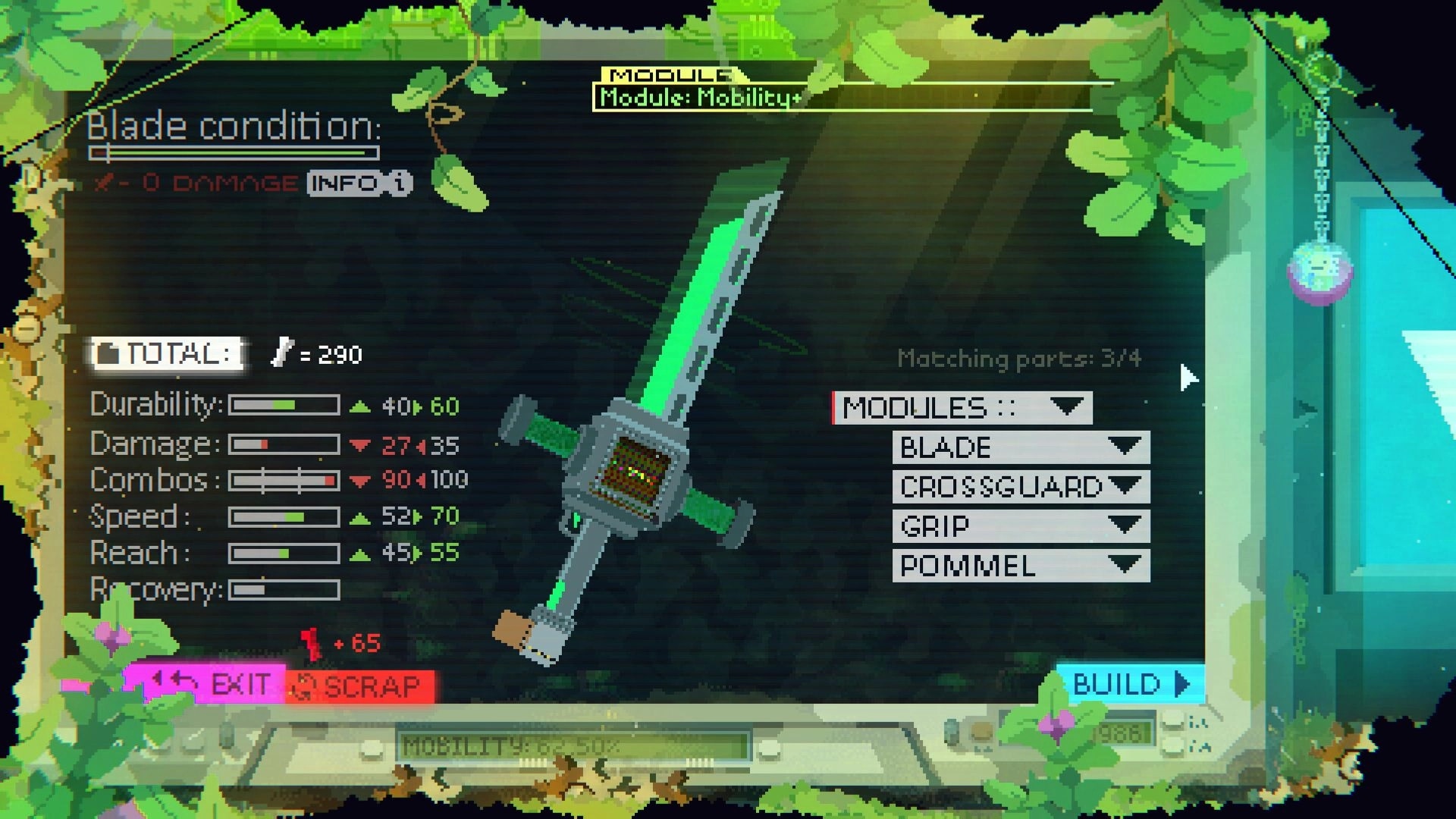 ZWAARD: Sword crafting module menu with blade stats bars and parts list on a leafy workbench screen.