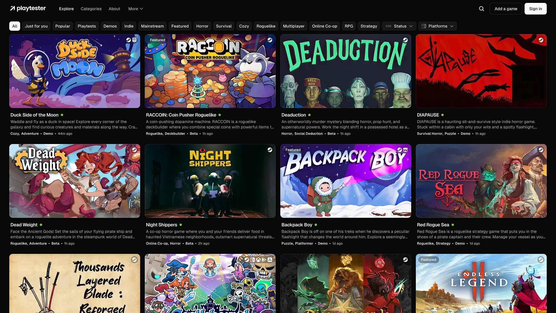 Playtester website interface showcasing upcoming game betas, demos, and playtests across Steam, PlayStation, Xbox, and more.