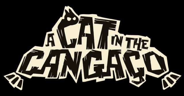 A Cat in the Cangaço: Jagged stencil lettering with bold shadows and cat silhouette.