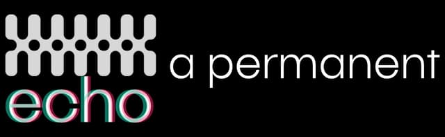 a permanent echo: rounded lowercase wordmark with neon glitch offset on echo.