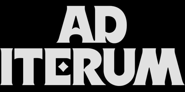 Ad Iterum: Bold slab-serif letters with heavy inked edges and stacked layout.