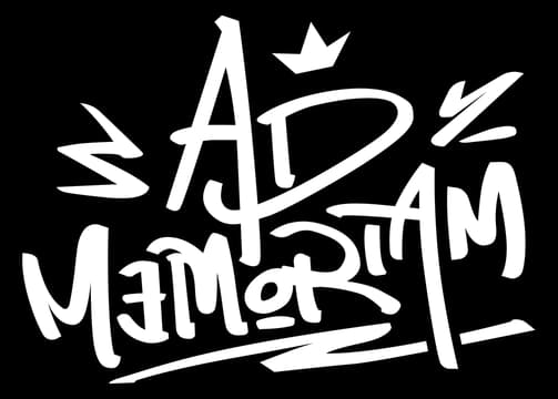 Ad Memoriam: graffiti-style brush lettering with crown icon and bold underline stroke.