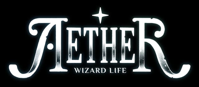 Aether Wizard Life: Ornate serif wordmark with cyan glow outline and star accent.