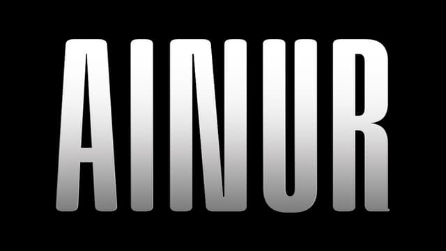 AINUR: Tall condensed sans-serif letters with metallic gradient and soft shadowing.