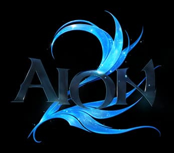 AION 2: Metallic serif letters with glossy blue energy swirl and particle glow.