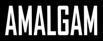 Amalgam: Bold distressed stencil lettering with vertical glitch streaks and splits.