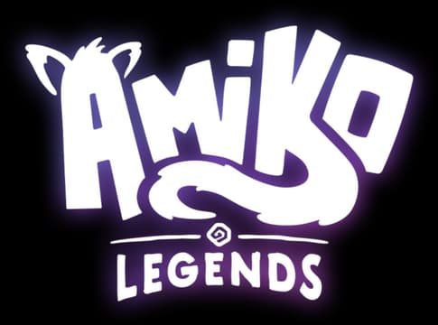 Amiko Legends: Bold curved letters with tail flourish, purple glow outline, block subtitle.