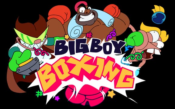 Big Boy Boxing: Bold comic lettering over explosive burst, with colorful cartoon fighters.